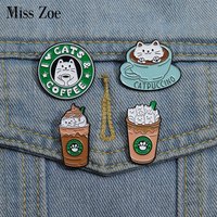 CATS COFFEE Enamel Pins Custom Cute Cat Brooches Lapel Badges Cartoon Animal Jewelry Gift for Kids Friends