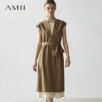 Amii Women's Dress 2026 Summer New Layered Tie Color Block Patchwork Midi Dress Loose Fit Casual Shift Woman Clothing 12652053