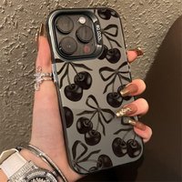 Vintage Black Cherry Bow Pattern Design Protective Cover for iPhone 17 16 15 14 13 12 11 16E Series Pro Max Plus