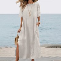Summer Women Dress Casual Loose Short Sleeve A-LINE Oversize Solid Midi Dress Cotton Linen Dresses for Women Vestidos De Mujer