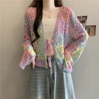 Retro Rainbow Gradient Color V-neck Open Cardigan Women's Spring Summer Bohemian Design Sense Small Holiday Style Long Sleeve...