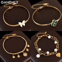 GANEMLY Trendy Green Clover Zircon Heart Charm Bracelet Bangle Stainless Steel Waterproof Jewelry For Women Party Gift pulseras