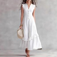 Women's Elegant Cotton Linen Loose Party Dress Fashion Draped Ruffled Button Long Dress Sexy V-neck Sleeveless Solid Dress