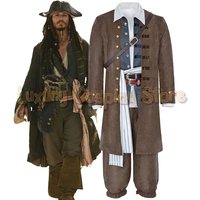 Pirates Captain Jack Sparrow Cosplay Costume Movie Pirate Uniform Brown Long Jacket Pants Men Caribbean Halloween Party Dress Up