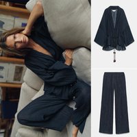 High Waist Elastic Waist Wide Leg Pants V Neck Beaded Waist Belt Jacket Long Sleeve Summer Fashion Set Women's Outfit