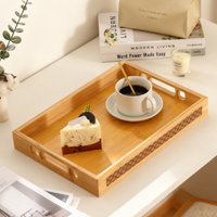 Bamboo Serving Tray (S/M/L/SML) - Windowpane Handle, Peacock Leather Trim for Kitchen/Coffee Table (Breakfast/Fruit)