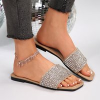 Shiny Crystal Decor Flat Slippers for Women 2025 Summer Lightweight Comfort Square Toe Slippers Plus Size Non Slip Beach Shoes