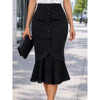 Women Black Mermaid Skirts Elastic High Waist Button Front Slim Fit Pencil Midi Work Party Business Casual Skirt