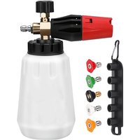 Adjustable Nozzle Foam Cannon, 1L Thick Bottle, 1/4" Quick Connect, 5 Nozzles with Base, for Pressure Washers, Battery-Free