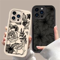 Retro Black Flower Phone Case For iPhone 17 Air 16 16E 15 14 13 12 11 Pro Max X XS X S Max XR SE 2020 SE4 7 8 Silicone Cover
