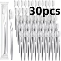 30 Individually Packaged Disposable Travel Toothbrushes, Soft Hair Toiletries for Adults, Camping, Hotel Guests (Silver)