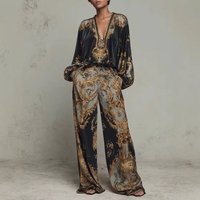 Loose Trousers Set Printed Fashion Comfortable Retro Commuter Style Long-sleeved V-neck Pullover Top And Trousers Two-piece Set