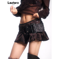 Lautaro Spring Summer Short Pu Leather Patchwork Mini Skirt Women Belt Low Waist Luxury Designer Ruffled Clothes Streetwear 2025