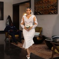 Mermaid Civil Wedding Dresses Applique Beaded Full Sleeve Lace Engagement Dress African Women V-Neck Ivory Bride Gown Customized