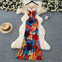 vintage print sleeveless hollow out mermaid dress asymmetrical pleated Elegant Slim Vintage Korean Fashion Women Clothes