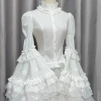 Lolita Style Sweet Blouse Women's Clothing 2025 Camisas De Mujer Flare Sleeve Stand Neck Shirt Ruffles Patchwork Lace White Tops