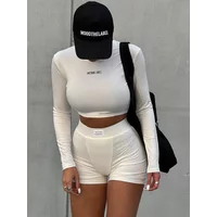 Autumn Black 2 Two Peice Sets Tracksuit Sweatshirt Women Outfts Long Sleeve Top Skinny White Shorts Matching Sets