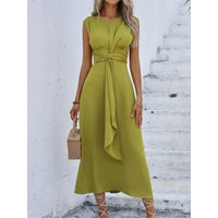 Women's Summer Solid Color Waistband Long Sleeveless Dresses Fashion Slim Elegant Female Beach Holiday Dress 2025