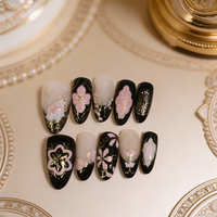 10 pieces of hand-pressed almond-shaped nails, beautiful artificial nails, black gold cherry blossom design, suitable for women