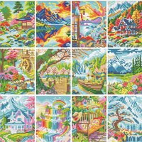 Momoart 12pcs Mini Diamond Painting House Landscape Full Round Embroidery Mountain Diamond Mosaic River Child Hobby