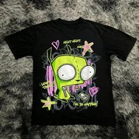 Retro High Street Graphic Print Tee Vintage Invader Zim Cartoon Print Short Sleeve 90s Nostalgia Summer Y2K Streetwear Unisex