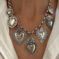 Retro religious multiple sacred heart pendant necklace with silver chain - unique and stylish women's accessory