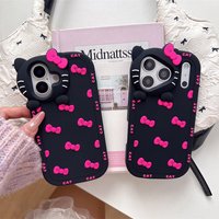 3D Cartoon Cute Bowknot Cat Camera Lens Protection Case for iPhone 17 Pro Max/16/15/14/13/12/11 Soft Silicone Shockproof Cover