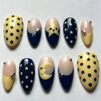 10Pcs Viral Kawaii Star Moon Polka Dot Press-On Nails, All-Season Medium Almond Fake Nails with 3D Cartoon & Metal Stud Accents,