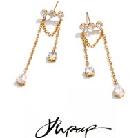 Yhpup Stainless Steel Cubic Zirconia Water Drop Tassel Chain Dangle Earrings Temperament Aesthetic Gold Color Ear Jewelry