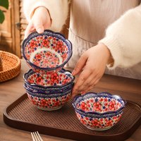 Round Ceramic Salad Bowls with a Vintage Floral Design, Suitable for Soups, Rice, And Noodles - Perfect for Home Dining