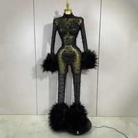 STOCK Luxury Diamond Black Mesh Transparent Stretchy Long Sleeve Jumpsuit Women Sexy Performance Singer Costume Nightclub Outfit