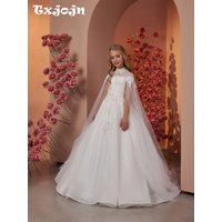 White Shiny Beaded Appliques Girls Dresses For Wedding Elegant High Collar Cape Sleeve Princess Gown Birthday Party Wear 2-14Y