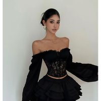 MEXZT Y2K Slash Neck Black Shirts Women Fashion Sexy Cropped Lace Blouses Summer Gyaru Streetwear Korean Long Sleeve Design Tops