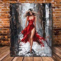 Elegant Woman in Red Dress Canvas Painting Wall Decor, Office Artwork Vibrant Wall Art Girl Posters and Print Picture Decor
