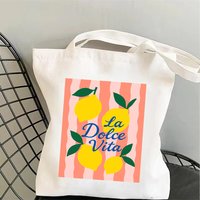 Vibrant La Dolce Vita Lemon Print Canvas Tote Bag Shoulder Bag with Striped Background, Ideal for Summer Vacation Beach Trips