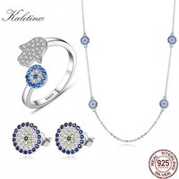 KALETINE Women Luck Evil Eye Ring Necklace Earrings Blue Zircon Long Link Turkey 925 Sterling Silver Jewelry Set