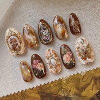 24pcs Amber Rose False Nails Press On Nails With Oil Paint Flower Designs Long Almond Elegant Sizzy Autumn Fake Nails Wearable
