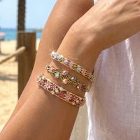 Vintage Enamel Hollow Flower Copper Bracelet Ring Set for Women Romantic Floral Rhinestone Spring Bangle Ring Party Jewelry Gift