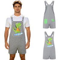 Men Cartoon Dinosaur Printed Overalls Pajamas Back Color Blocking Pockets Adjustable Straps Bib Shorts Rompers Sleepwear