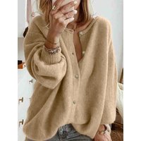 Women's Beige Oversized Knit Cardigan Button Front Casual Long Sleeve Loose-Fit Pullover