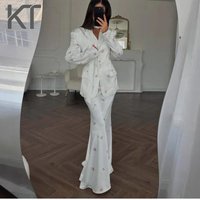 KT Authenti Quality Elegant Satin Floral Suit Set for Women Notched Lapel Padded Shoulder Blazer & Mermaid Maxi Skirt Party
