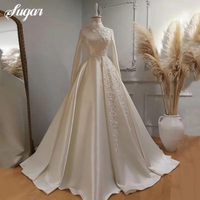 Customized Elegant Satin Wedding Dress Muslim Bridal Gown A-Line 2025 Heavy Beading HIgh Neck Boho Bridal Gown Robe De Soire