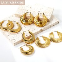 LUXUKISSKIDS Fashion Glossy Woman Round Hoop Earrings Gold Plated Stainless Steel Chunky Cubic Huggie Ears Clips Texture Jewelry