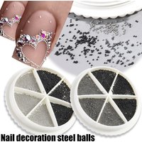 Ultra-fine mini steel bead nail art accessory set, containing silver, gray, and black steel beads for DIY nail art, mixed sizes