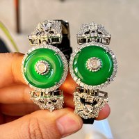 National Retro Jade Glass Body Green Chalcedony Bangle Leather Watch Belt Chain CZ Zircon Gemstone Round Lucky Charm for Women