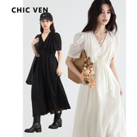 CHIC VEN Korean Women Dresses Solid Loose Casual New V-neck A Line Short Bubble Sleeves Female Long Dress Spring Summer 2025