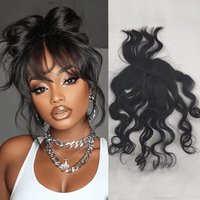 Topper Hair Clip with Bangs Featuring Wispy Styles, 100% Human Hair Loose Deep Curly Hair Extensions, Natural Black for Women