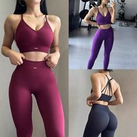 Seamless Yoga Set Women High Waist Scrunch Leggings V Neck Sports Bra 2 Piece Workout Fitness Clothing Quick Dry Gym Suit