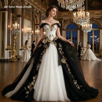 Vintage Black And White Wedding Dress Off-Shoulder Gothic Ball Gown Princess Bridal Gowns Gold Lace Appliques Customized