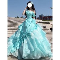 Elegant Blue One-Shoulder Heavy-Work Host Evening Gown Luxury Princess Puffy Skirt Birthday Performance Costume Korean Style